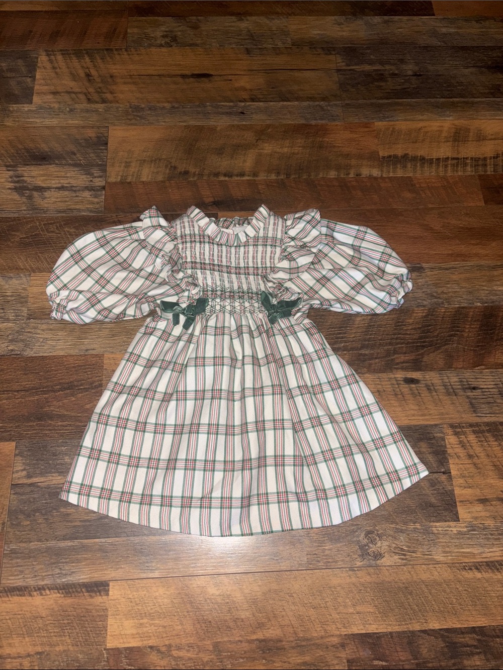 Bonnie Jean Christmas Plaid Puff-Sleeve Smocked Dress in White, Green & Red
